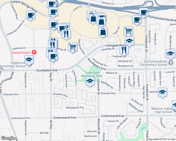 map of restaurants, bars, coffee shops, grocery stores, and more near 13122 Westminster Lane in Moreno Valley