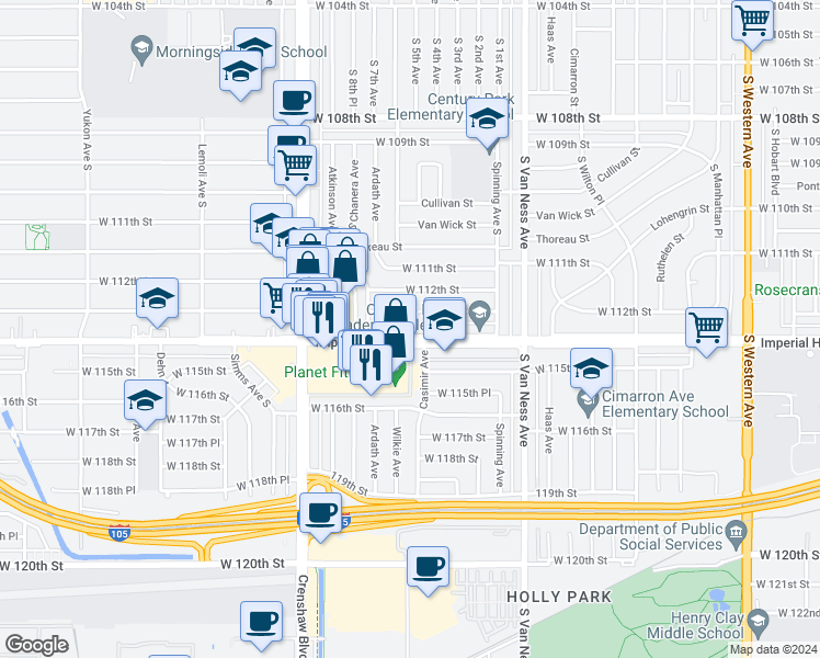 map of restaurants, bars, coffee shops, grocery stores, and more near in Inglewood