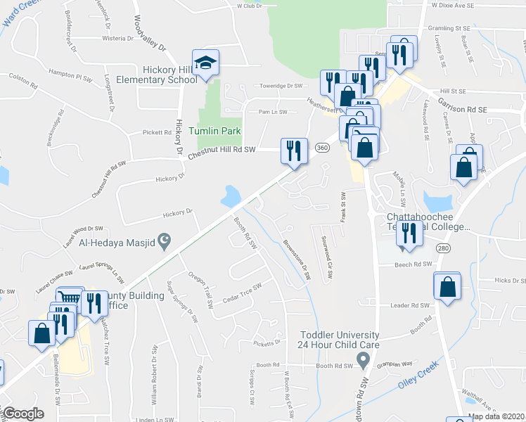 map of restaurants, bars, coffee shops, grocery stores, and more near 1007 Brownstone Drive Southwest in Marietta