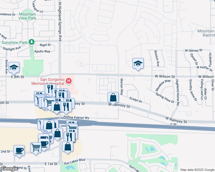 map of restaurants, bars, coffee shops, grocery stores, and more near 5700 West Wilson Street in Banning