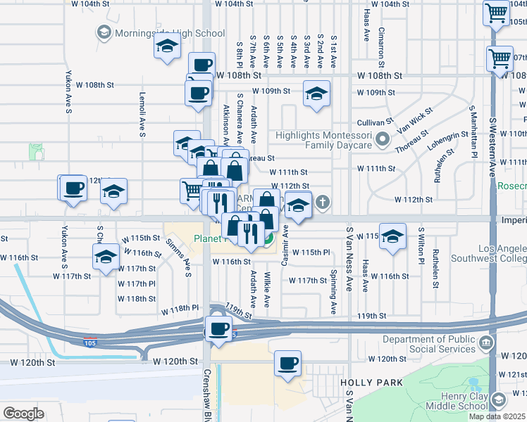 map of restaurants, bars, coffee shops, grocery stores, and more near 2619 West Imperial Highway in Inglewood