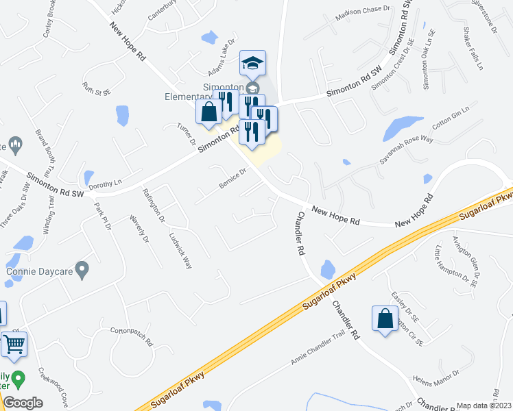 map of restaurants, bars, coffee shops, grocery stores, and more near 1012 Monica Lane Southeast in Lawrenceville