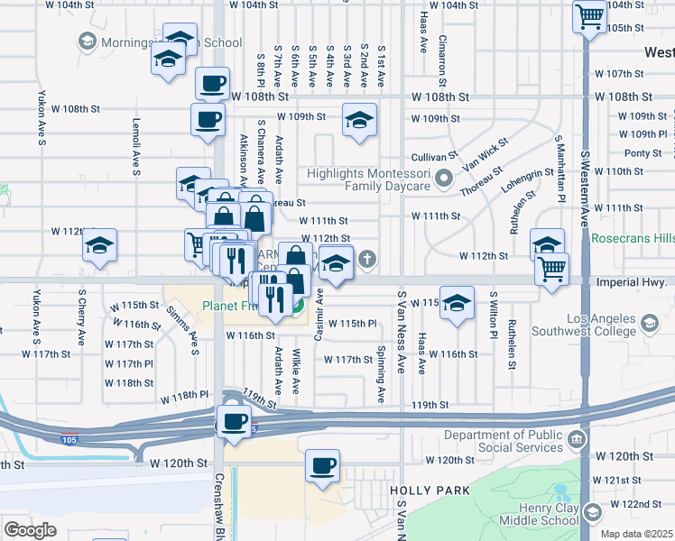 map of restaurants, bars, coffee shops, grocery stores, and more near 2425 West Imperial Highway in Inglewood