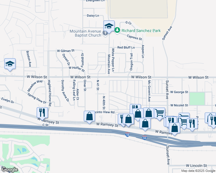map of restaurants, bars, coffee shops, grocery stores, and more near 3800 West Wilson Street in Banning