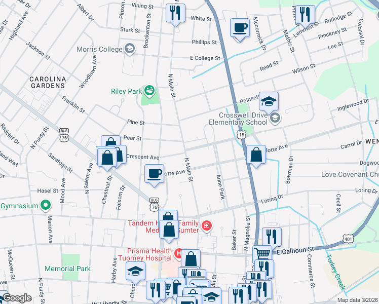 map of restaurants, bars, coffee shops, grocery stores, and more near 2 Crosswell Drive in Sumter
