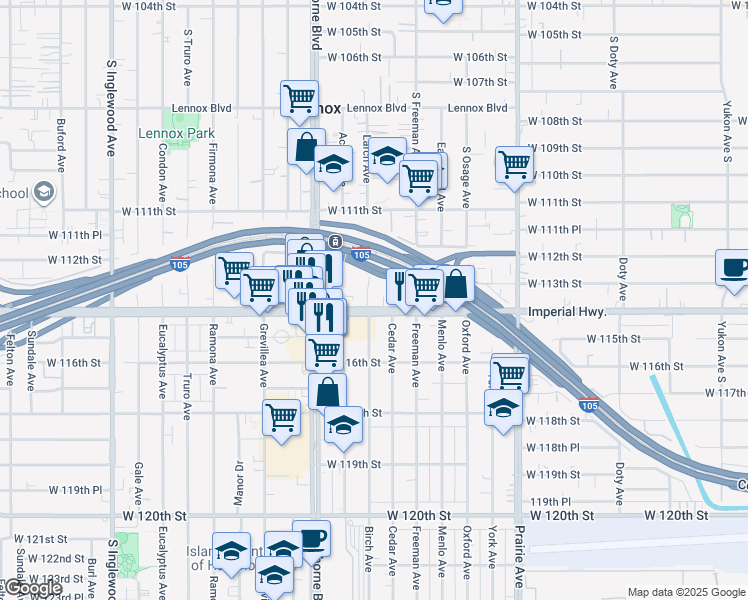 map of restaurants, bars, coffee shops, grocery stores, and more near 4257 West Imperial Highway in Inglewood