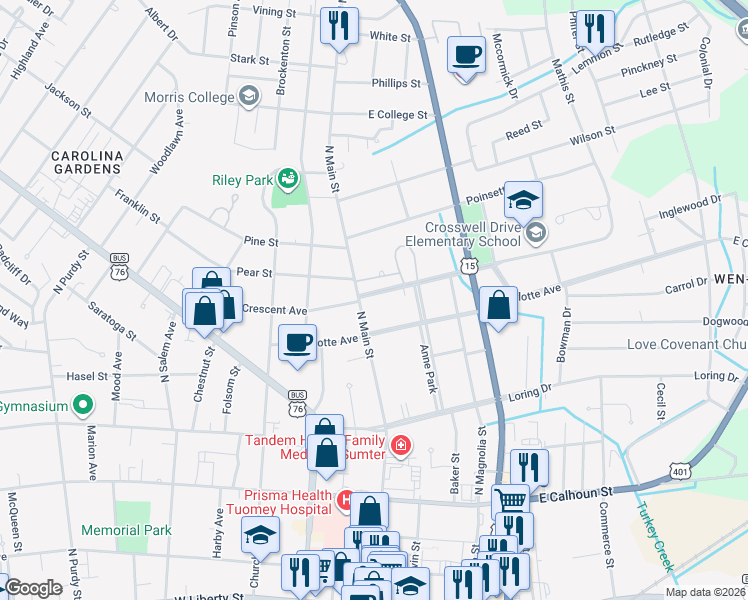 map of restaurants, bars, coffee shops, grocery stores, and more near 2 Crosswell Drive in Sumter
