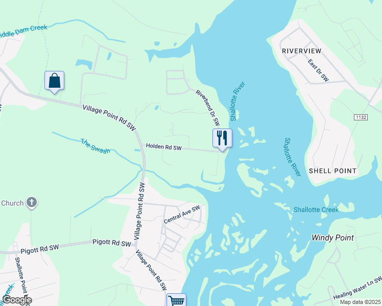 map of restaurants, bars, coffee shops, grocery stores, and more near 3843 Holden Road Southwest in Shallotte