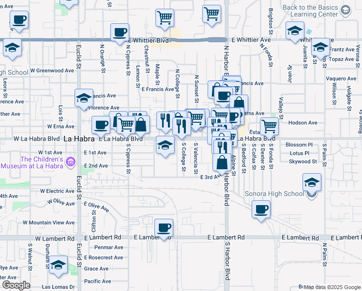 map of restaurants, bars, coffee shops, grocery stores, and more near 113 South College Street in La Habra