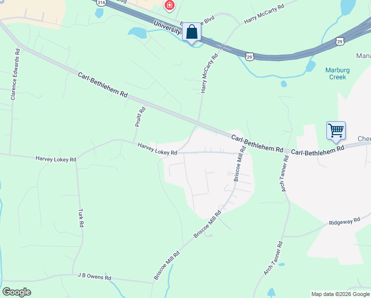 map of restaurants, bars, coffee shops, grocery stores, and more near 257 Harvey Lokey Road in Bethlehem