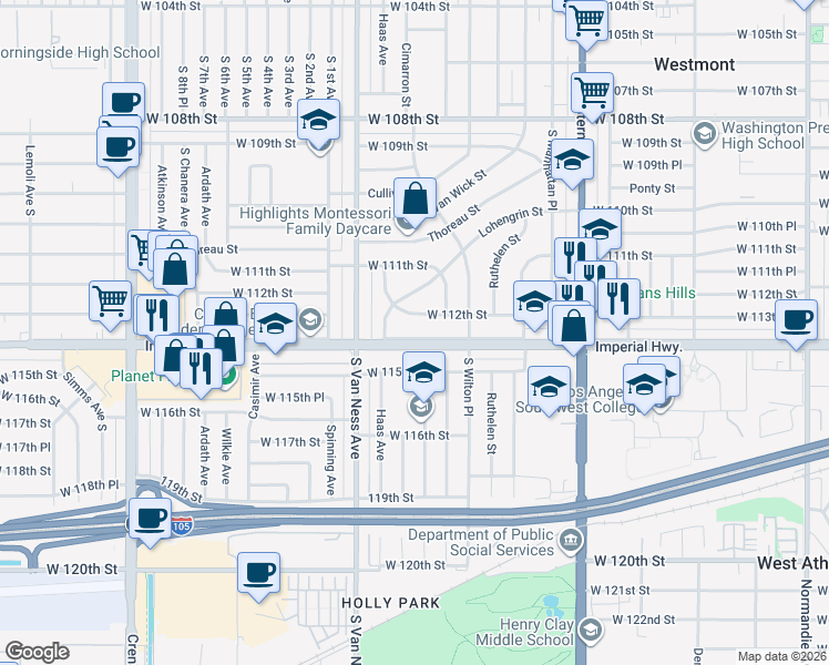 map of restaurants, bars, coffee shops, grocery stores, and more near 2103 W Imperial Hwy in Los Angeles