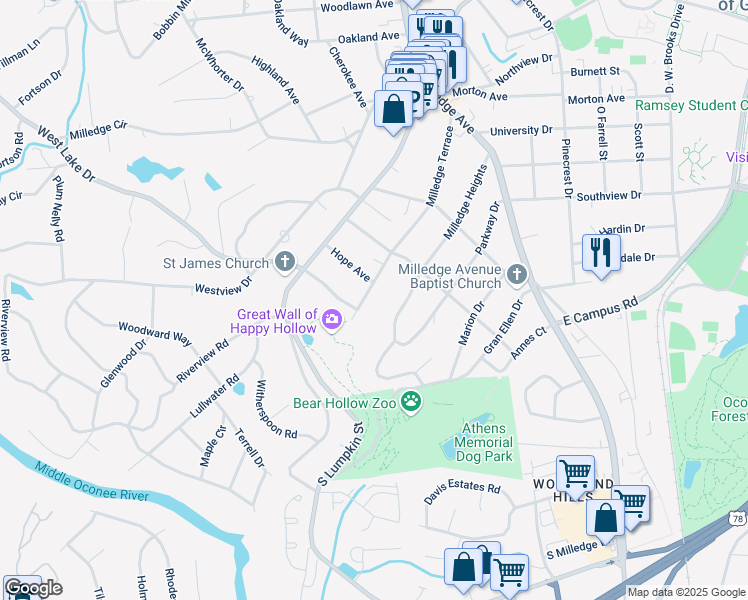 map of restaurants, bars, coffee shops, grocery stores, and more near 467 Milledge Terrace in Athens