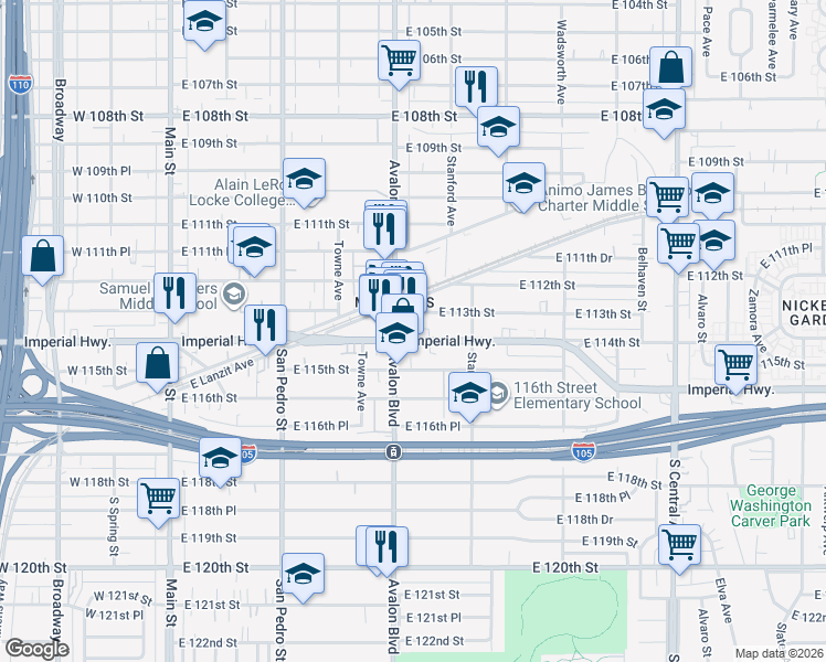 map of restaurants, bars, coffee shops, grocery stores, and more near 611 East Imperial Highway in Los Angeles