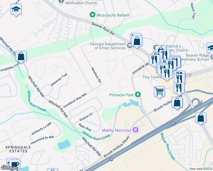 map of restaurants, bars, coffee shops, grocery stores, and more near 5342 Goodwick Way Northwest in Norcross