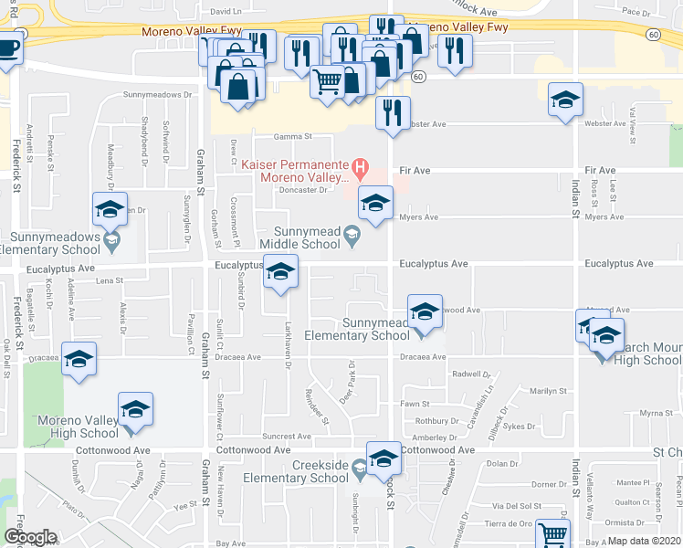 map of restaurants, bars, coffee shops, grocery stores, and more near 23874 Elyce Court in Moreno Valley