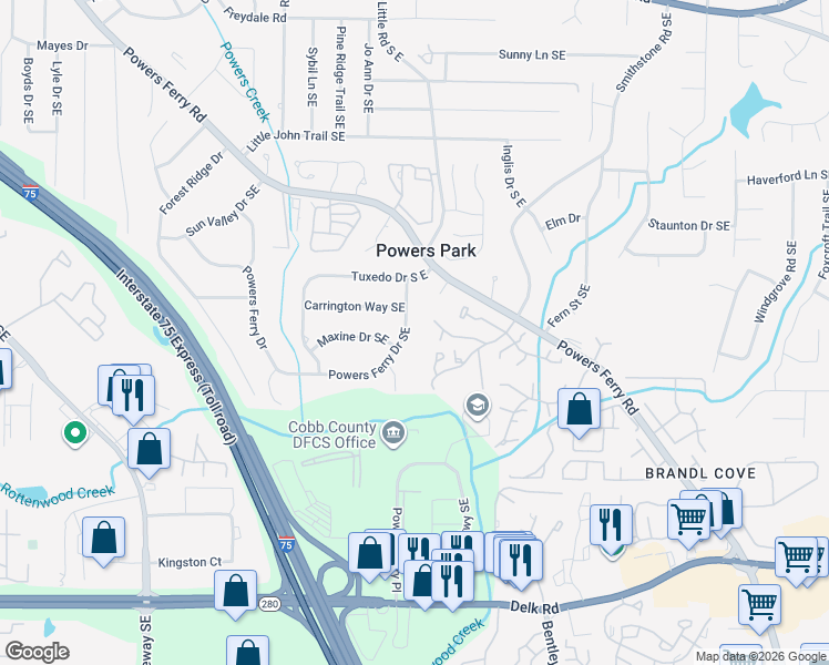 map of restaurants, bars, coffee shops, grocery stores, and more near 2474 Powers Ferry Drive Southeast in Marietta
