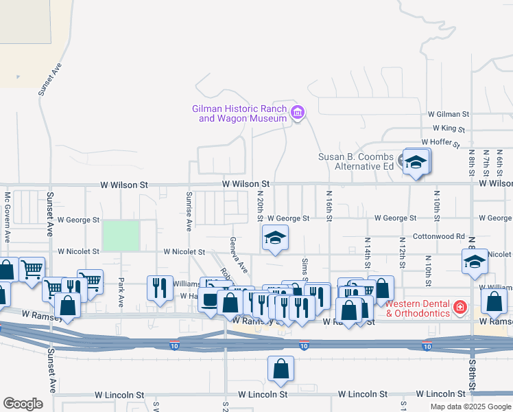 map of restaurants, bars, coffee shops, grocery stores, and more near 671 North 20th Street in Banning