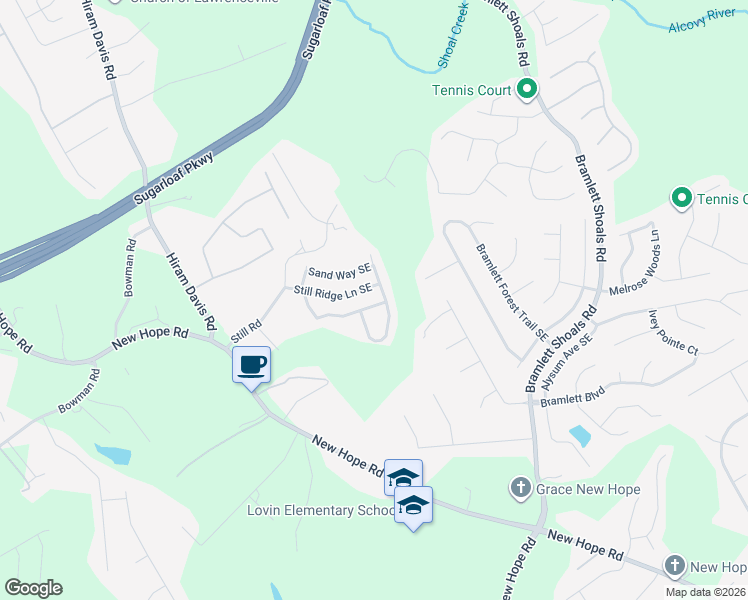 map of restaurants, bars, coffee shops, grocery stores, and more near 719 Still Hill Lane Southeast in Lawrenceville