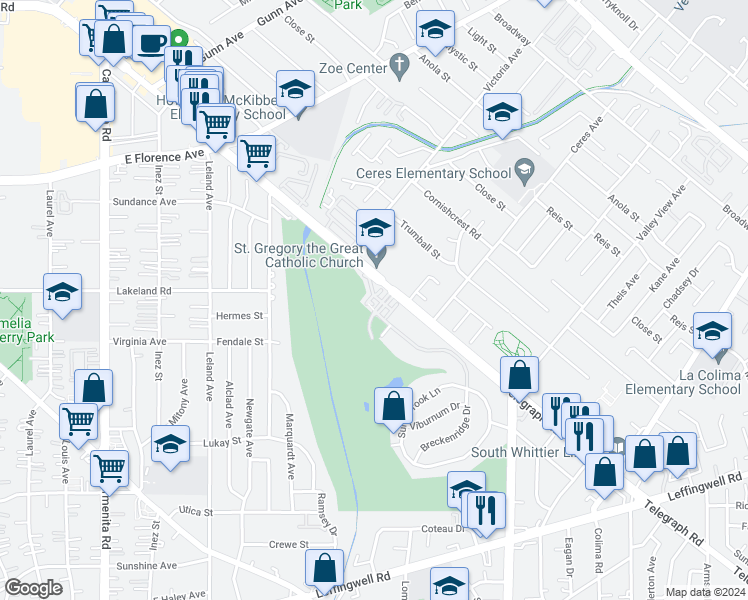 map of restaurants, bars, coffee shops, grocery stores, and more near 11102 Eagle Lane in Whittier