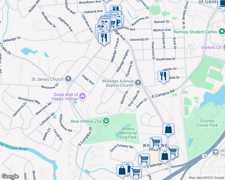 map of restaurants, bars, coffee shops, grocery stores, and more near 318 Parkway Drive in Athens