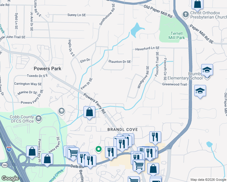 map of restaurants, bars, coffee shops, grocery stores, and more near 899 Powers Ferry Road in Marietta