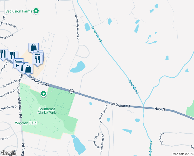 map of restaurants, bars, coffee shops, grocery stores, and more near 205 Loy's Farm Road in Athens