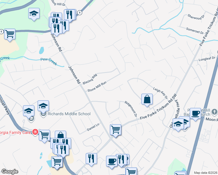 map of restaurants, bars, coffee shops, grocery stores, and more near 1127 Wildwood Lane in Lawrenceville