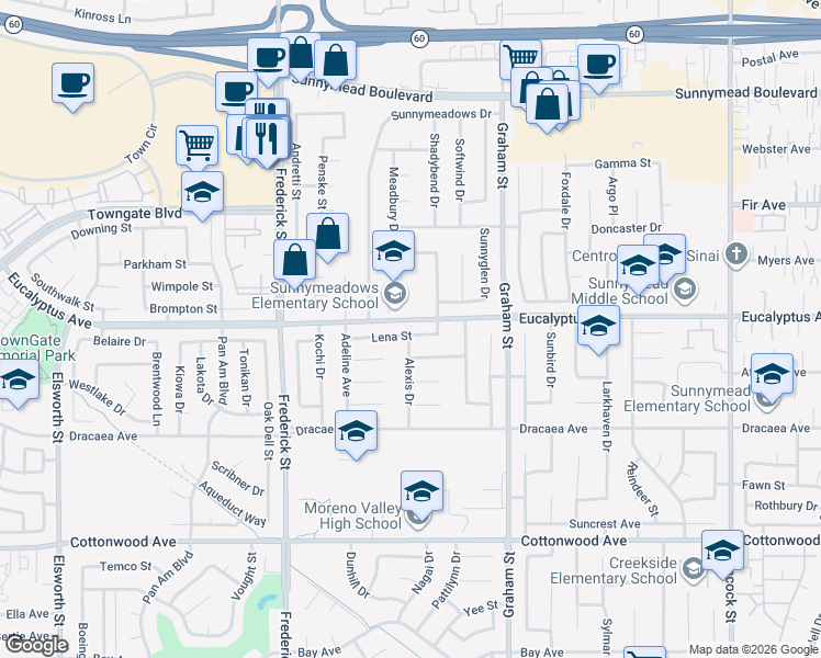 map of restaurants, bars, coffee shops, grocery stores, and more near 23288 Lena Street in Moreno Valley