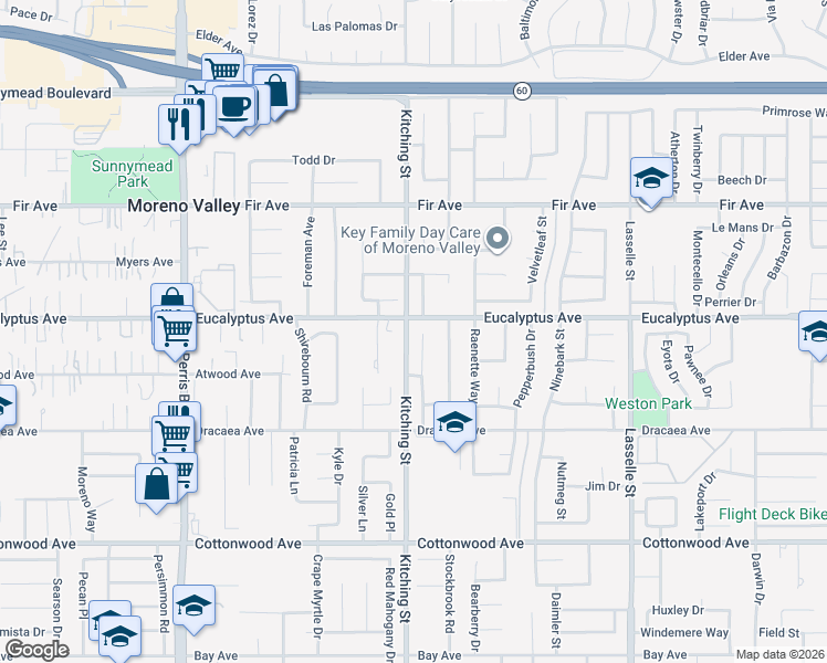 map of restaurants, bars, coffee shops, grocery stores, and more near 13017 Sweetfern Street in Moreno Valley