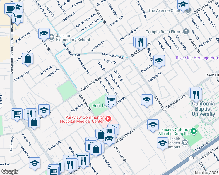 map of restaurants, bars, coffee shops, grocery stores, and more near 4118 Manchester Place in Riverside