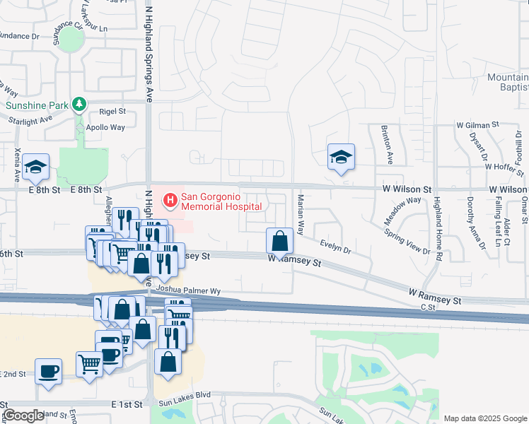 map of restaurants, bars, coffee shops, grocery stores, and more near 5700 West Wilson Street in Banning