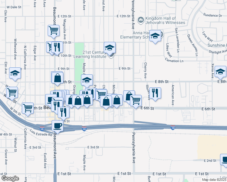 map of restaurants, bars, coffee shops, grocery stores, and more near 724 Michigan Avenue in Beaumont
