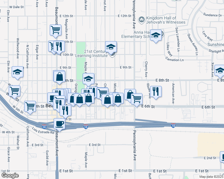 map of restaurants, bars, coffee shops, grocery stores, and more near 726 Chestnut Avenue in Beaumont