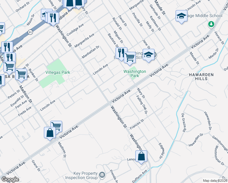 map of restaurants, bars, coffee shops, grocery stores, and more near 7029 Harvest Lane in Riverside