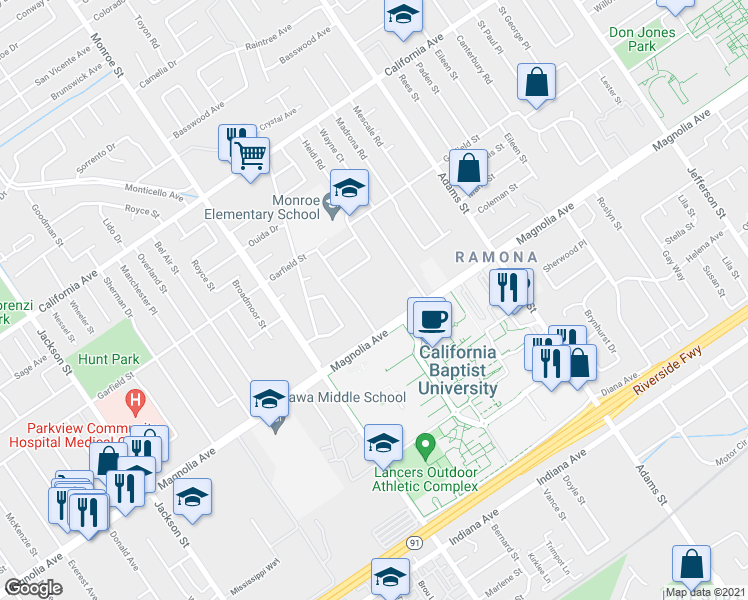 map of restaurants, bars, coffee shops, grocery stores, and more near 8507 Magnolia Avenue in Riverside