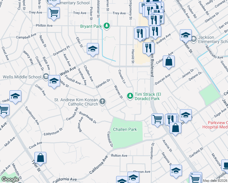 map of restaurants, bars, coffee shops, grocery stores, and more near 7900 Temecula Place in Riverside
