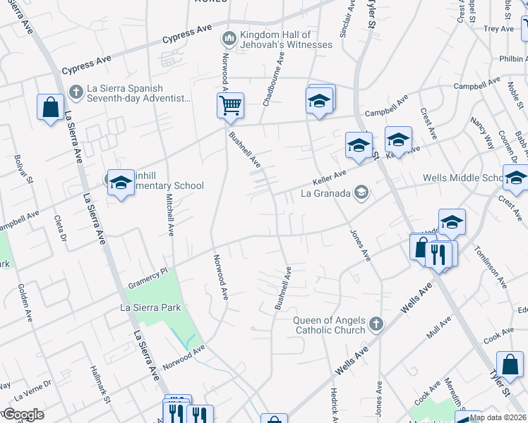 map of restaurants, bars, coffee shops, grocery stores, and more near 5356 Bushnell Avenue in Riverside