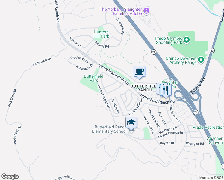 map of restaurants, bars, coffee shops, grocery stores, and more near 6168 Woodbridge Street in Chino Hills