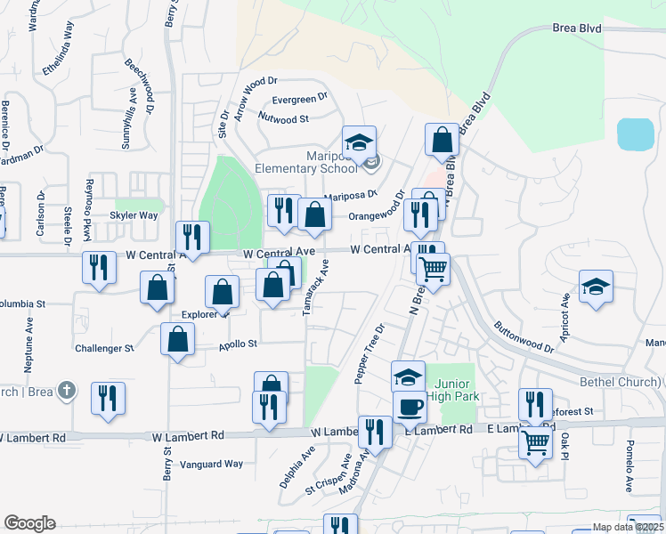 map of restaurants, bars, coffee shops, grocery stores, and more near 250 West Central Avenue in Brea