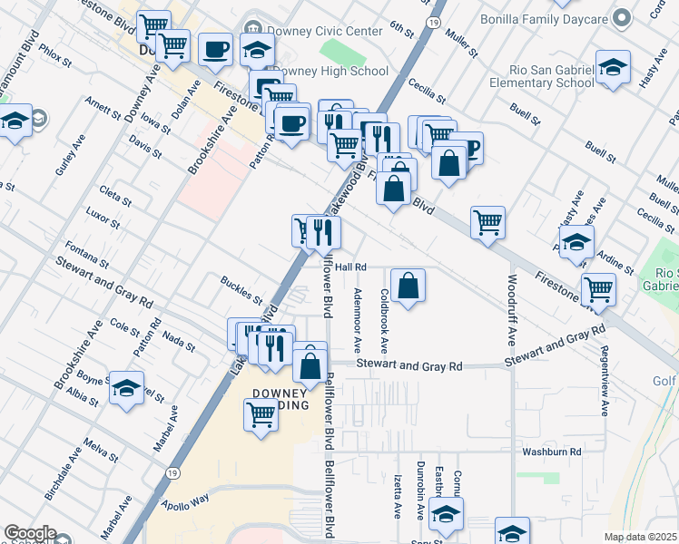 map of restaurants, bars, coffee shops, grocery stores, and more near 11604 Bellflower Boulevard in Downey