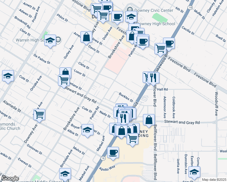 map of restaurants, bars, coffee shops, grocery stores, and more near 8629 Buckles Street in Downey