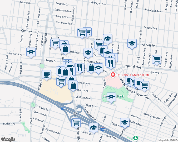 map of restaurants, bars, coffee shops, grocery stores, and more near 3534 Los Flores Boulevard in Lynwood