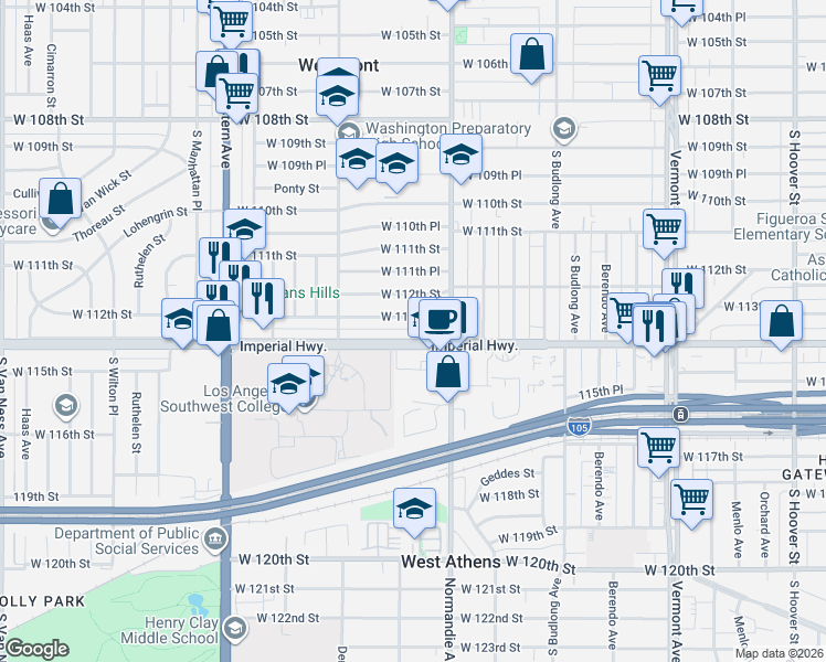 map of restaurants, bars, coffee shops, grocery stores, and more near 1444 West 113th Street in Los Angeles