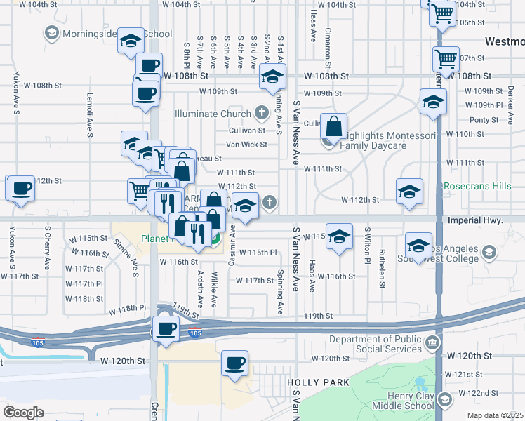 map of restaurants, bars, coffee shops, grocery stores, and more near 2333 West Imperial Highway in Inglewood