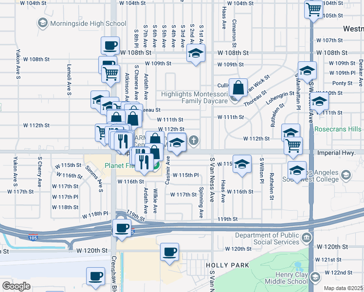 map of restaurants, bars, coffee shops, grocery stores, and more near 2333 West Imperial Highway in Inglewood