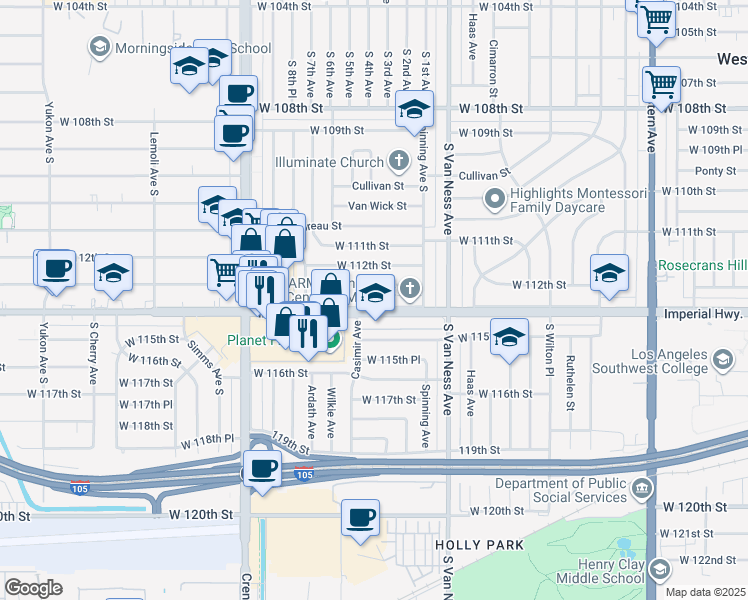 map of restaurants, bars, coffee shops, grocery stores, and more near 2513 West Imperial Highway in Inglewood