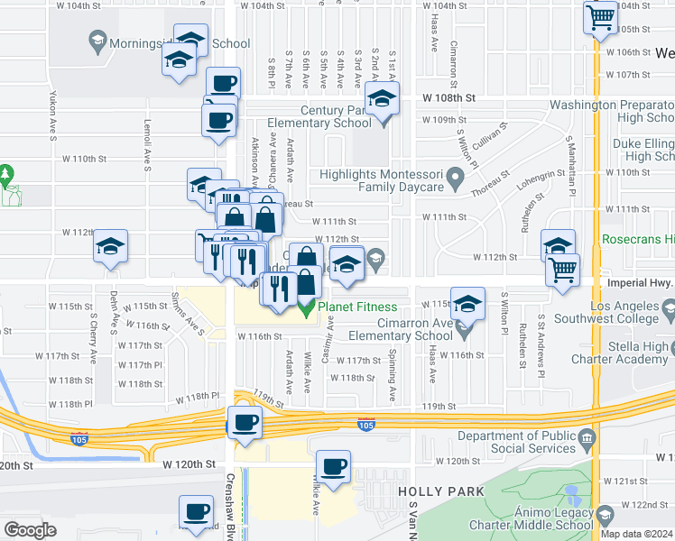 map of restaurants, bars, coffee shops, grocery stores, and more near 2513 West Imperial Highway in Inglewood