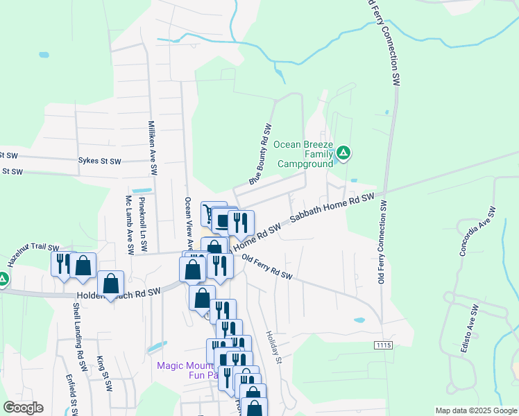 map of restaurants, bars, coffee shops, grocery stores, and more near 1119 Belhaven Drive Southwest in Brunswick County