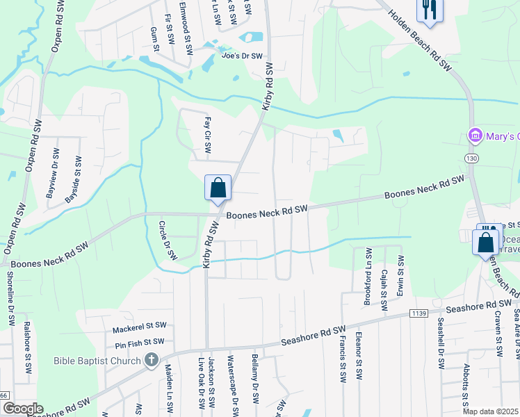 map of restaurants, bars, coffee shops, grocery stores, and more near 2138 Boones Neck Road Southwest in Brunswick County