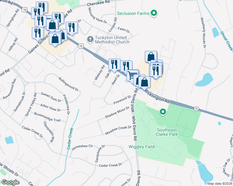 map of restaurants, bars, coffee shops, grocery stores, and more near 111 Smokerise Court in Athens